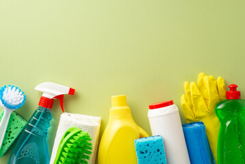 Housekeeping essentials displayed: detergent bottles, microfiber cloth, rubber gloves, sponges and...