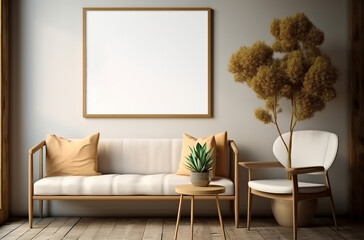 An empty white frame in the modern living room. Made with generative AI technology