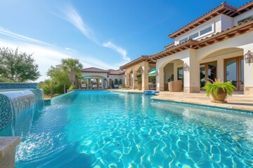 Fototapeta na wymiar Beautiful Home Exterior and Large Swimming Pool on Sunny Day with Blue Sky | Features Series of Water Jets Forming Arches