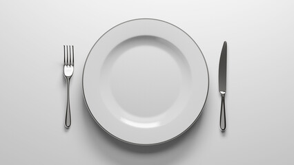 Top view of Empty white ceramic plate set, 3D render