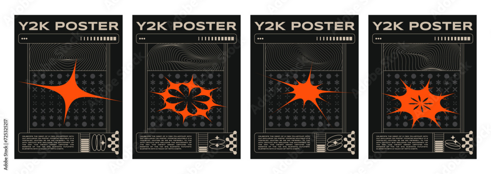 Poster poster template in modern y2k design style with orange burst shapes, abstract simple object and acid