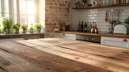 Wooden Table In kitchen. copy space