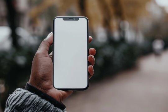 Mockup image of a hand holding a smartphone with a blank white screen