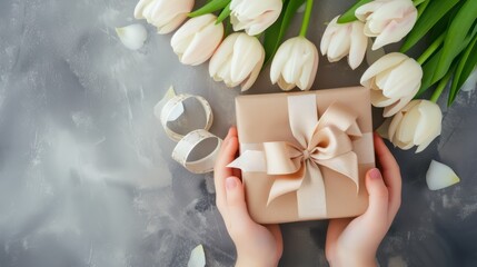 Womans Hands Holding a Wrapped Gift Box With a Bow