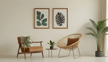 Foto op Aluminium Minimalist composition of living room with brown mock up picture frame and retro armchair. tone on tone © Gia