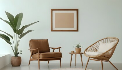 Minimalist composition of living room with brown mock up picture frame and retro armchair. tone on tone
