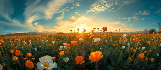 Photographed by a Fish eye lens, an enchanting field of orange and white buttercups during sunset.