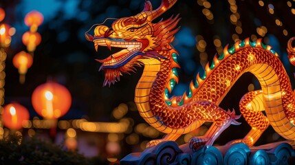 Obraz premium Majestic Dragon Lantern Glowing Amidst Chinese New Year Celebrations