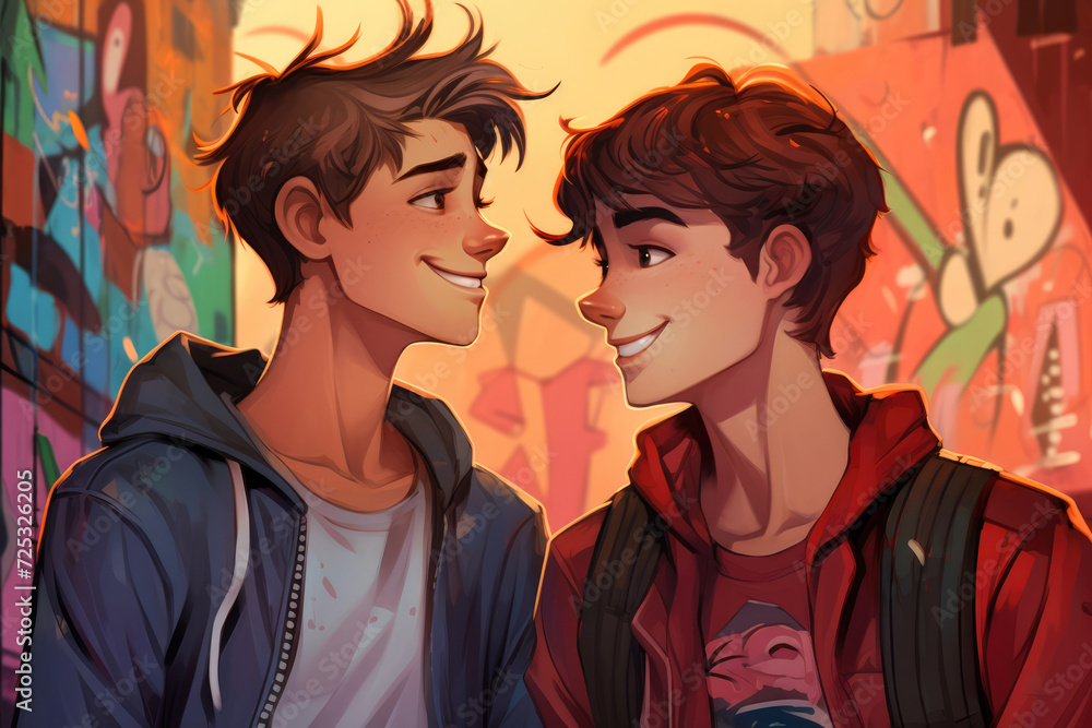 Wall mural illustration of two 18-year-old european boys, exchanging shy smiles while leaning on a colorful gra