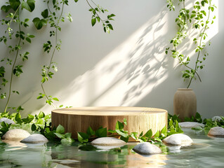 a wooden podium with some leaves and stone, shadows from plant, isolate on white, watery surface. Tropical summer scene for product display. copy space, mock up. view from side.