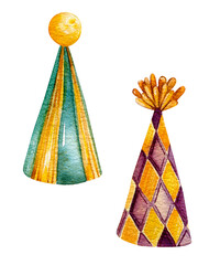 Hand drawn watercolor party hats. Green hat with gold stripes, checkered purple hat. Clipart. Holidays, birthday, carnivals. Design for cards, gifts, stickers.