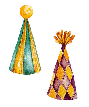 Hand drawn watercolor party hats. Green hat with gold stripes, checkered purple hat. Clipart. Holidays, birthday, carnivals. Design for cards, gifts, stickers.