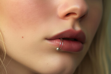 
Close view of a labret lip piercing with a minimalist disk earring, emphasizing lip and jewelry details