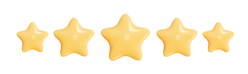 Star 3D Review plastic vector render. Set star for feedback and rank. 3d cartoon game element. Shape for app and game design. Vector illustration.