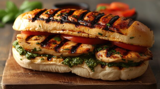 Grilled Chicken Pesto Sandwich On Table