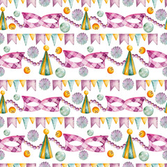 Seamless watercolor pattern. Multi-colored carnival masks, a garland of flags, beads, festive caps. Masquerades, Mardi Gras. Isolated on transparent background.