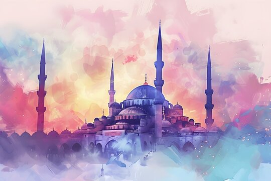 Heavenly Image: Watercolor Paintings of Islamic Mosques in Vector Art Illustration