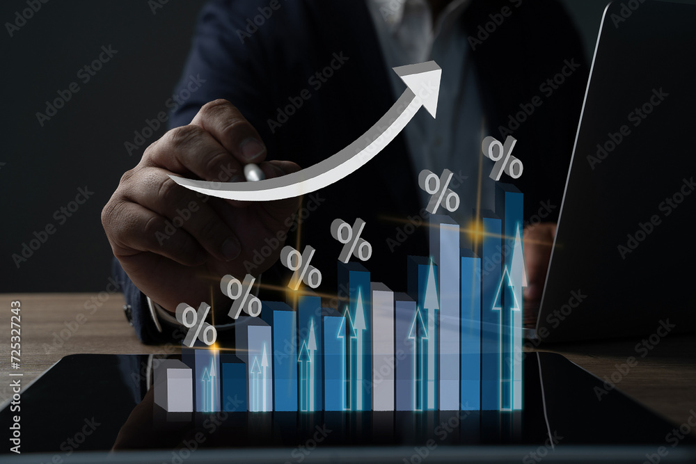 Poster digital business professional analyzing graph on tablet with interactive screen display