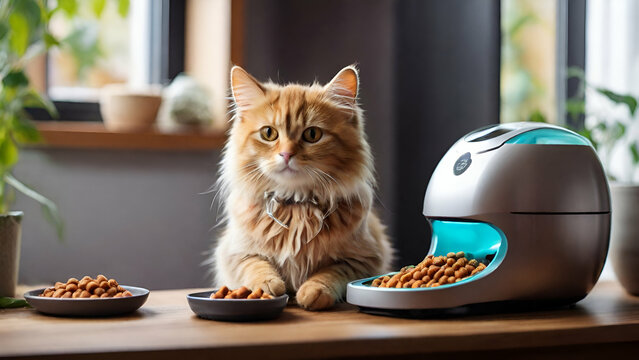 Adorable colorful cat waiting for food from automatic smart feeder in cozy home interior. Home life with a pet. Healthy pet food diet concept.Generative AI