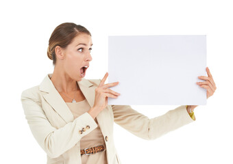 Surprise, space or businesswoman with banner mockup for a sale, promotion offer or logo advertising...