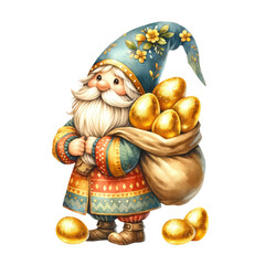 Easter gnomes with hat Easter Day theme and a sack of golden eggs. cute gnomes with gold Easter egg. watercolor clipart