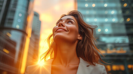 Happy successful businesswoman standing in big city modern skyscrapers street on sunset thinking of successful vision, dreaming of new investment opportunities.