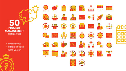 Set of 50 Flat Icons Related to Project Management. Pixel Perfect Icon. Flat Icon Collection. Fully Editable. Vector illustration.