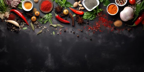Crédence de cuisine Herbes Text-free cooking table with spices, vegetables, and top view.  © Lasvu