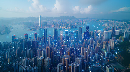 Aerial view of a city skyline illuminated by the glowing symbols of 5G wireless network technology at dusk.
