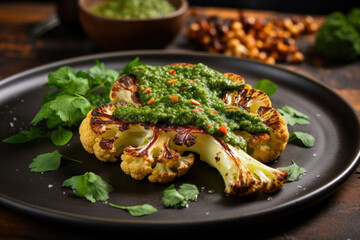 Vegan cauliflower steak, grilled and seasoned, with a side of chimichurri sauce, on a modern plate, with a rustic backdrop