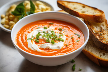 Vegan roasted red pepper and tomato hot soup, in a white bowl, with a swirl of cashew cream and a side of garlic toast