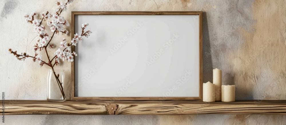Poster wooden shelf displaying a blank frame with minimal bohemian style.