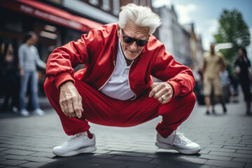 An elderly man in a stylish tracksuit and sneakers, doing a dance move on a city street