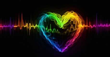 Rainbow smoky heart beat on black background.