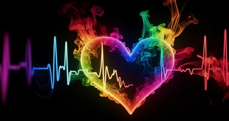 Rainbow smoky heart beat on black background. - obrazy, fototapety, plakaty