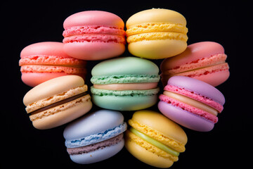 Obraz premium Photo of colorful macarons arranged in a circular pattern, with pastel shades, on a dark background