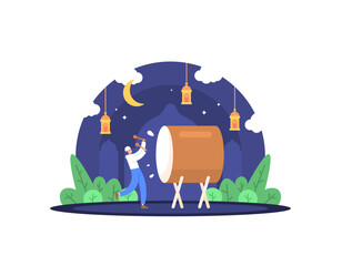 Illustration of a happy Muslim man and is beating a drum. expression of joy at the arrival of the holy month of Ramadhan. Concept Design Illustration of Theme Ramadhan, Eid al-Fitr, Eid al-Adha, Islam