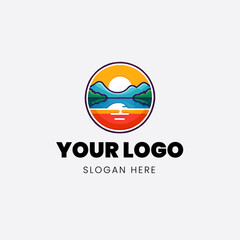 Flat logo icon mountain lake sunrise