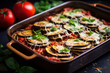 
Photo of vegan eggplant Parmesan, layered with marinara sauce and vegan cheese, in a baking dish, fresh out of the oven