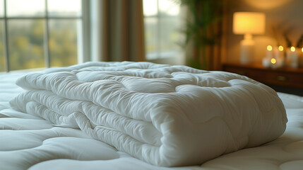 A white folded blanket lies on the bed.