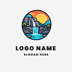 vector flat emblem logo waterfall and sunrise