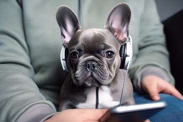 A Cute French bulldog on headphone and listen to music sit on a sofa with man, Pet and animal.