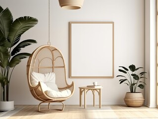 Cozy boho-style living room with a wooden frame mockup. Made with generative AI technology
