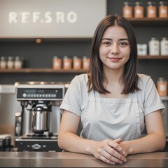 Attractive and Friendly Coffee Shop Cashier Smiling, Young Saleswoman Serving Customers with a Warm Welcome