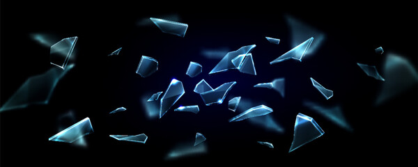 Broken and exploded glass surface flying in bunch of sharp pieces of broken blue crystal or mirror. Realistic vector illustration of transparent crashed beaten shatter and shard ice fragment. - obrazy, fototapety, plakaty