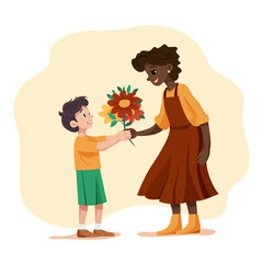 INTERNATIONAL HOLIDAY MARCH 8 . A BOY HOLDING OUT A SPRING BOUQUET OF FLOWERS TO A GIRL IN A BURGUNDY DRESS.  ILLUSTRATION FOR A POSTCARD OR POSTER.