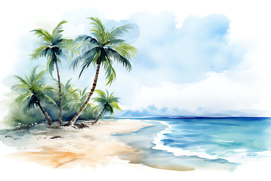 Tropical beach with palm trees. Watercolor hand drawn illustration