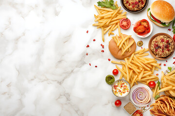 Variety of fast food - hamburgers, french fries, vegetables and sauces. Top view