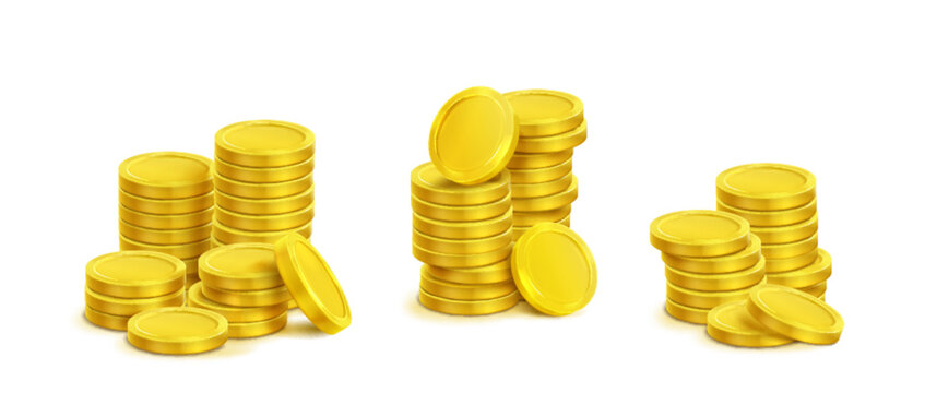 Gold coin stack with different sizes of cash money pile in realistic 3d vector illustration set. Glossy simple golden currency heap - financial wealth, profit and deposit concept. Game treasure icon.