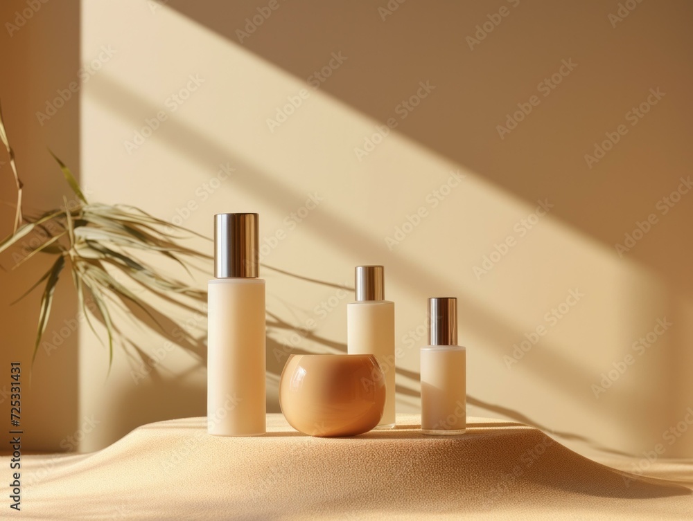Poster a minimalistic composition of three perfume bottles on a table with a plant. generative ai.